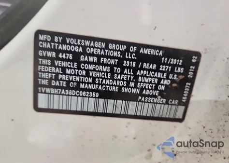 2013 Volkswagen Passat Se z USA, uszkodzony, nr VIN 1VWBH7A36DC062359